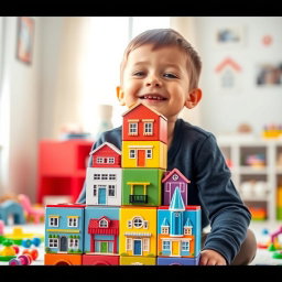 A cheerful young boy engrossed in playing with colorful building blocks stacked on top of each other