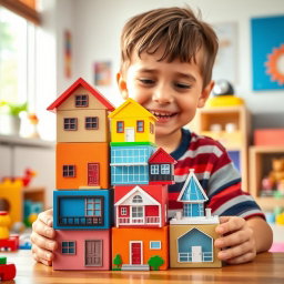 A cheerful young boy engrossed in playing with colorful building blocks stacked on top of each other