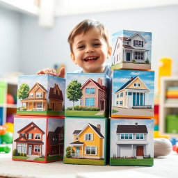 A joyful four-year-old child playing with large colorful cubes, stacking them one on top of the other