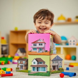 A joyful four-year-old child playing with large colorful cubes, stacking them one on top of the other