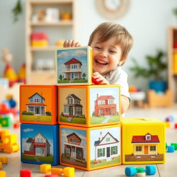 A joyful four-year-old child playing with large colorful cubes, stacking them one on top of the other