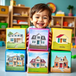A joyful four-year-old child playing with large colorful cubes, stacking them one on top of the other