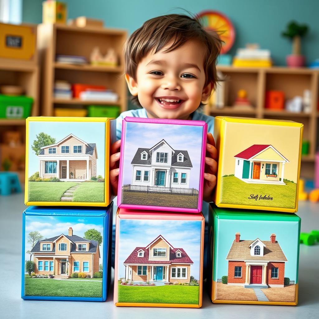 A joyful four-year-old child playing with large colorful cubes, stacking them one on top of the other
