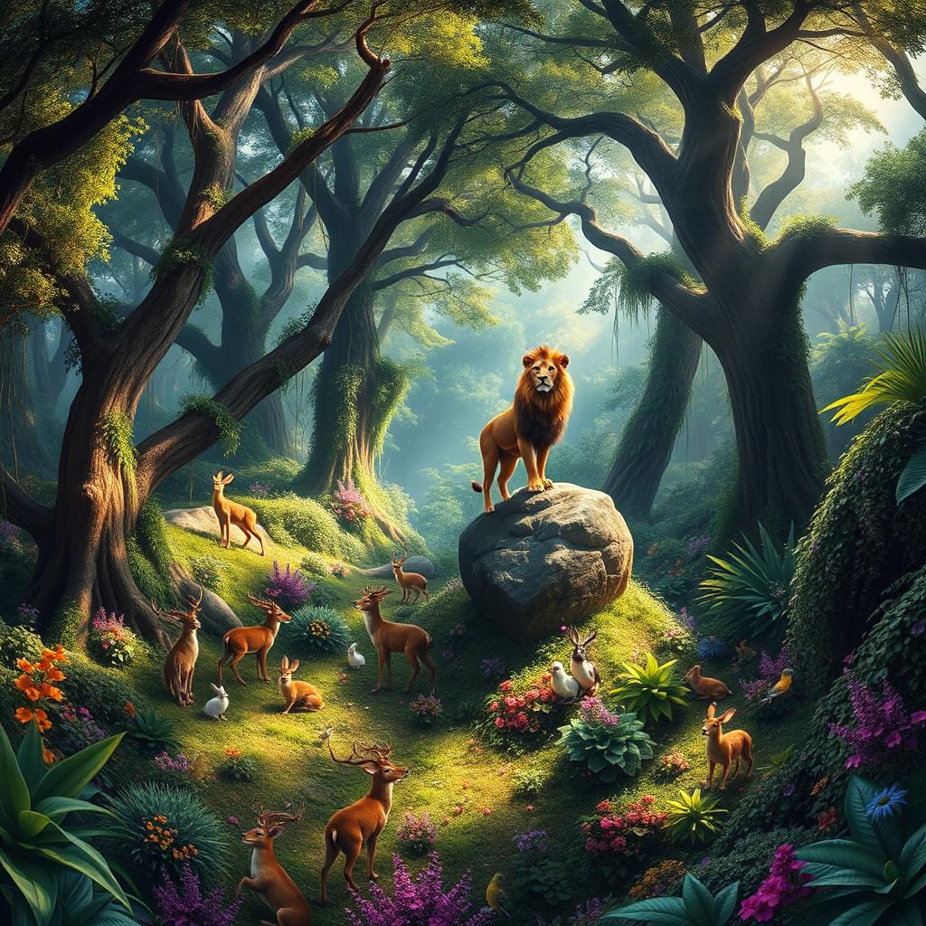 A stunning, wide-angle view of a breathtakingly beautiful forest filled with vibrant greenery, towering trees, and colorful flowers