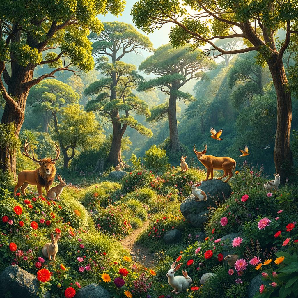 A breathtakingly expansive view of a beautiful forest landscape, filled with vibrant greenery, towering trees, and a variety of colorful flowers
