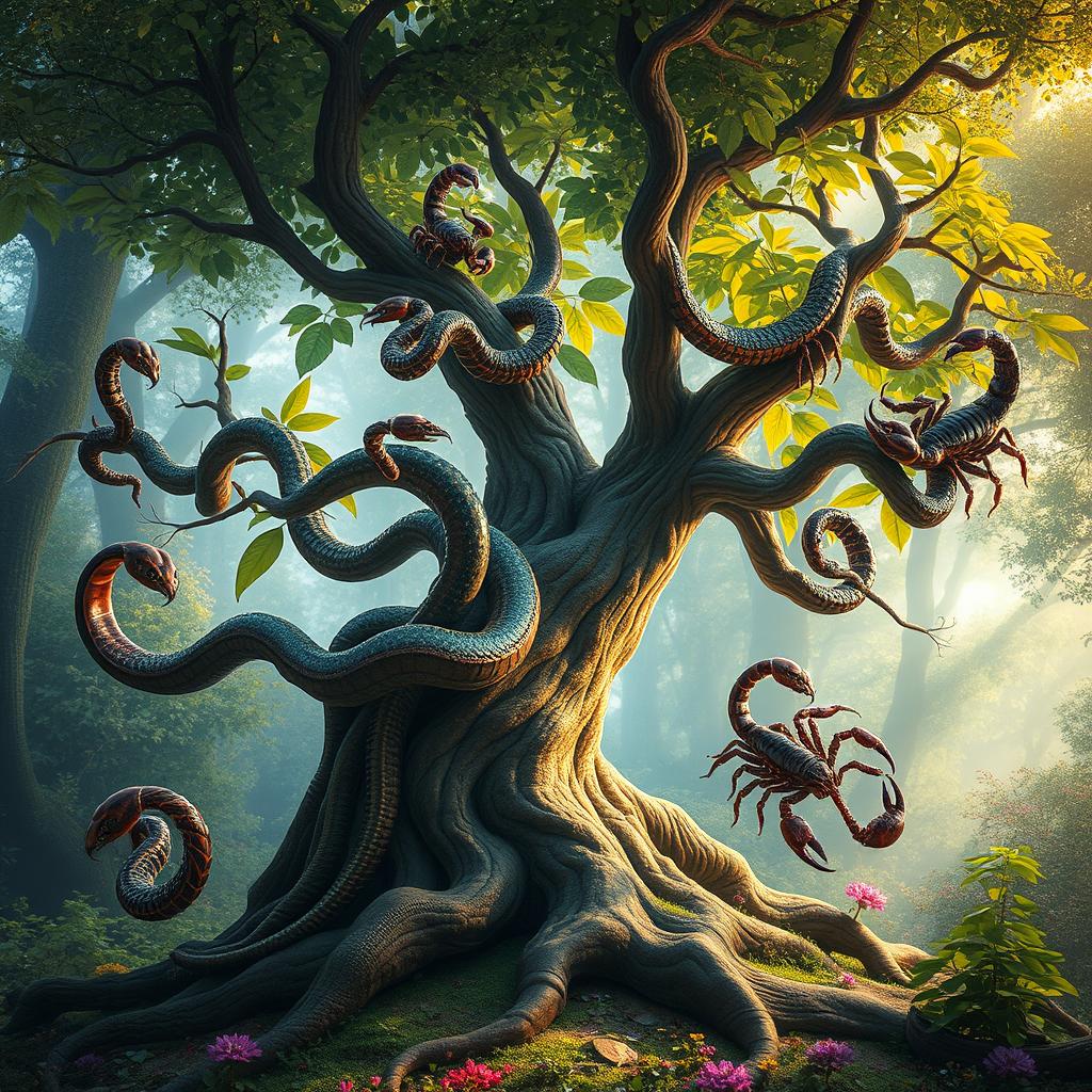 A surreal and imaginative tree where each branch transforms into a snake and a scorpion