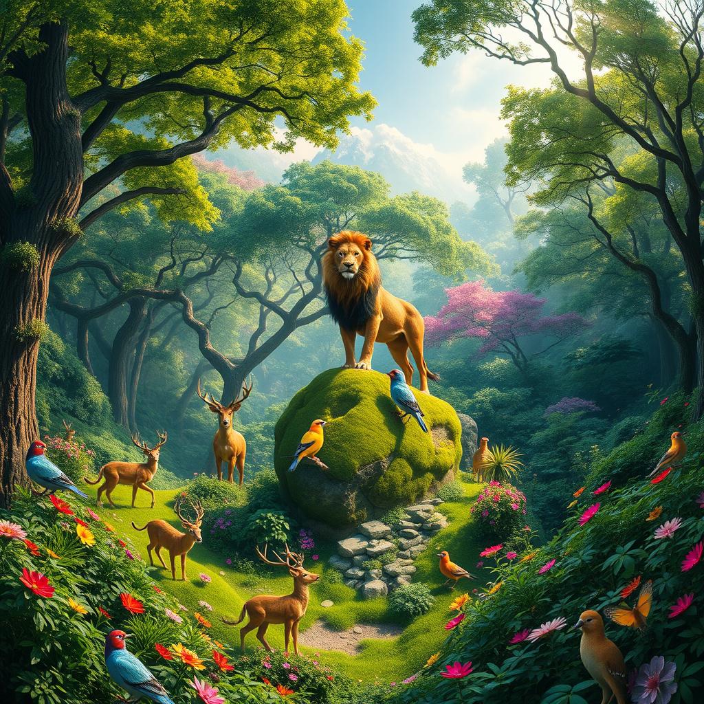 An awe-inspiring panoramic view of a lush, vibrant forest teeming with life