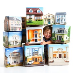 A whimsical and colorful scene featuring large, oddly stacked cubes of various sizes, each displaying a realistic image of houses designed in modern, classic, and neoclassical architectural styles along with various interior design themes