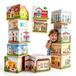 A whimsical and colorful scene featuring large, oddly stacked cubes of various sizes, each displaying a realistic image of houses designed in modern, classic, and neoclassical architectural styles along with various interior design themes