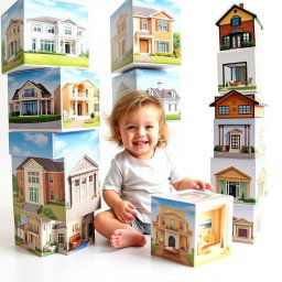 A whimsical and colorful scene featuring large, oddly stacked cubes of various sizes, each displaying a realistic image of houses designed in modern, classic, and neoclassical architectural styles along with various interior design themes