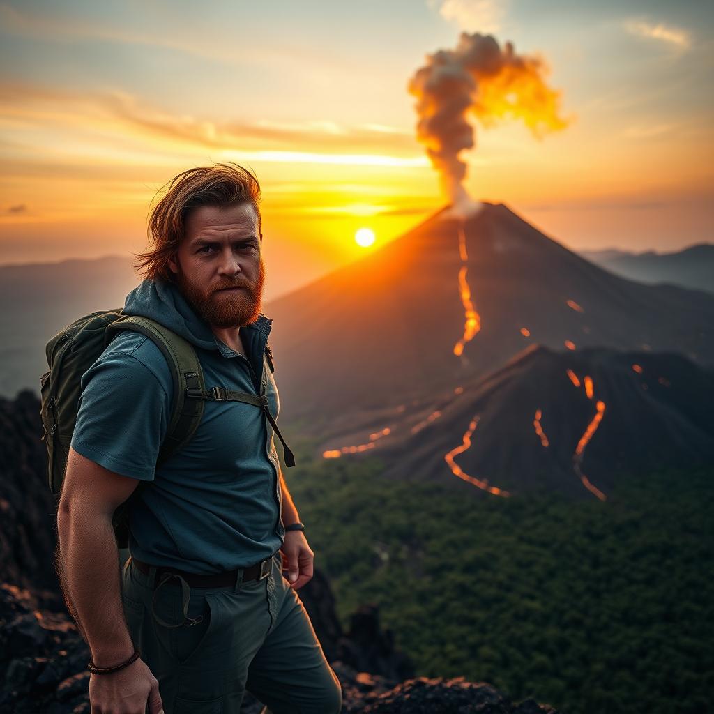 A rugged man standing at the edge of a cliff, gazing out at a majestic volcano in the distance
