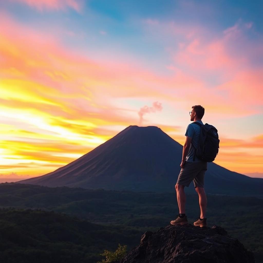 A man standing on a rocky outcrop, gazing at a majestic, active volcano in the distance