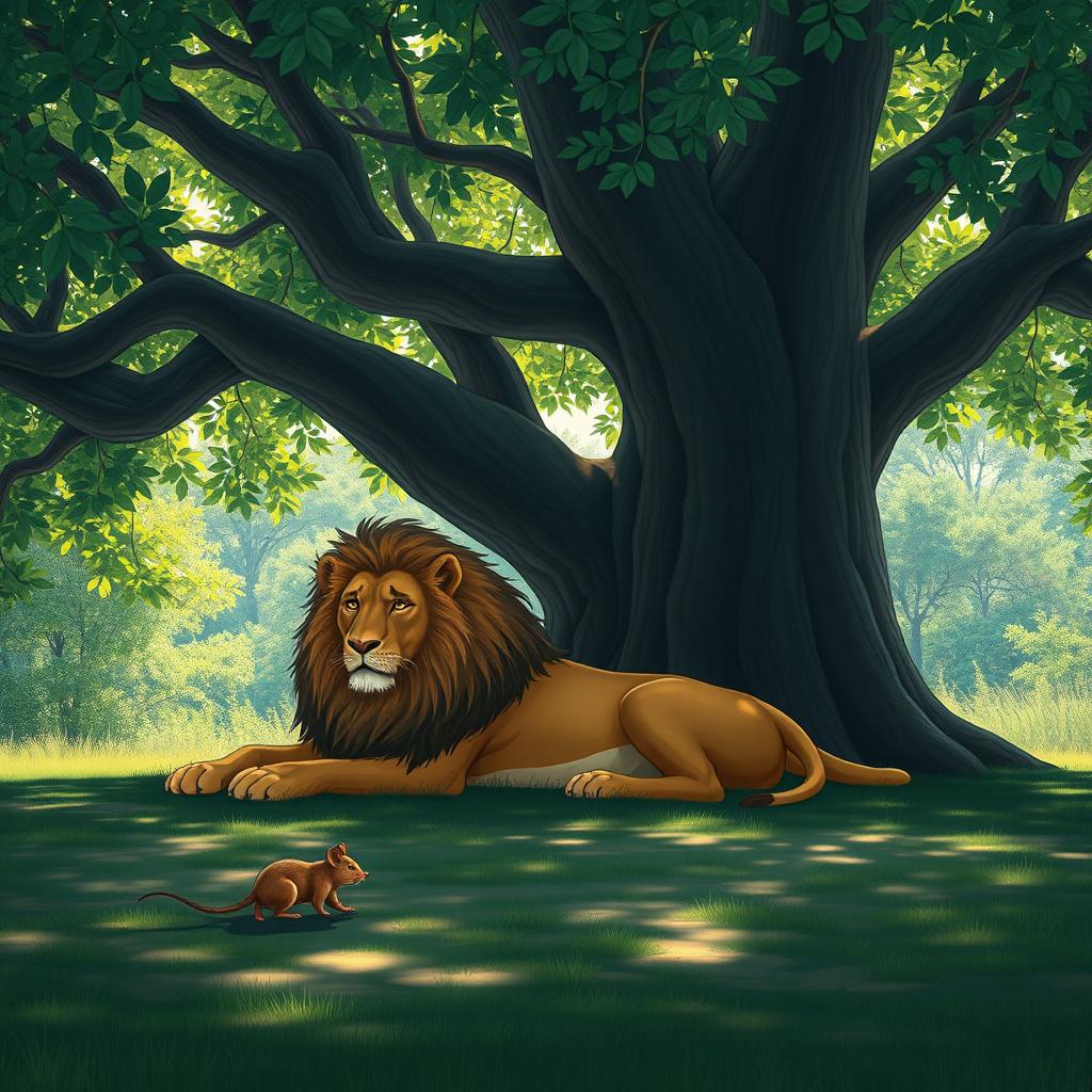 A serene, horizontal image depicting a majestic lion lounging peacefully beneath the expansive shade of a grand tree