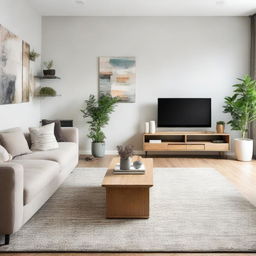 A spacious, well-lit living room with modern furnishings, filled with plush sofas, a rectangular coffee table, a sleek TV stand, and a stylish decorative rug under foot.