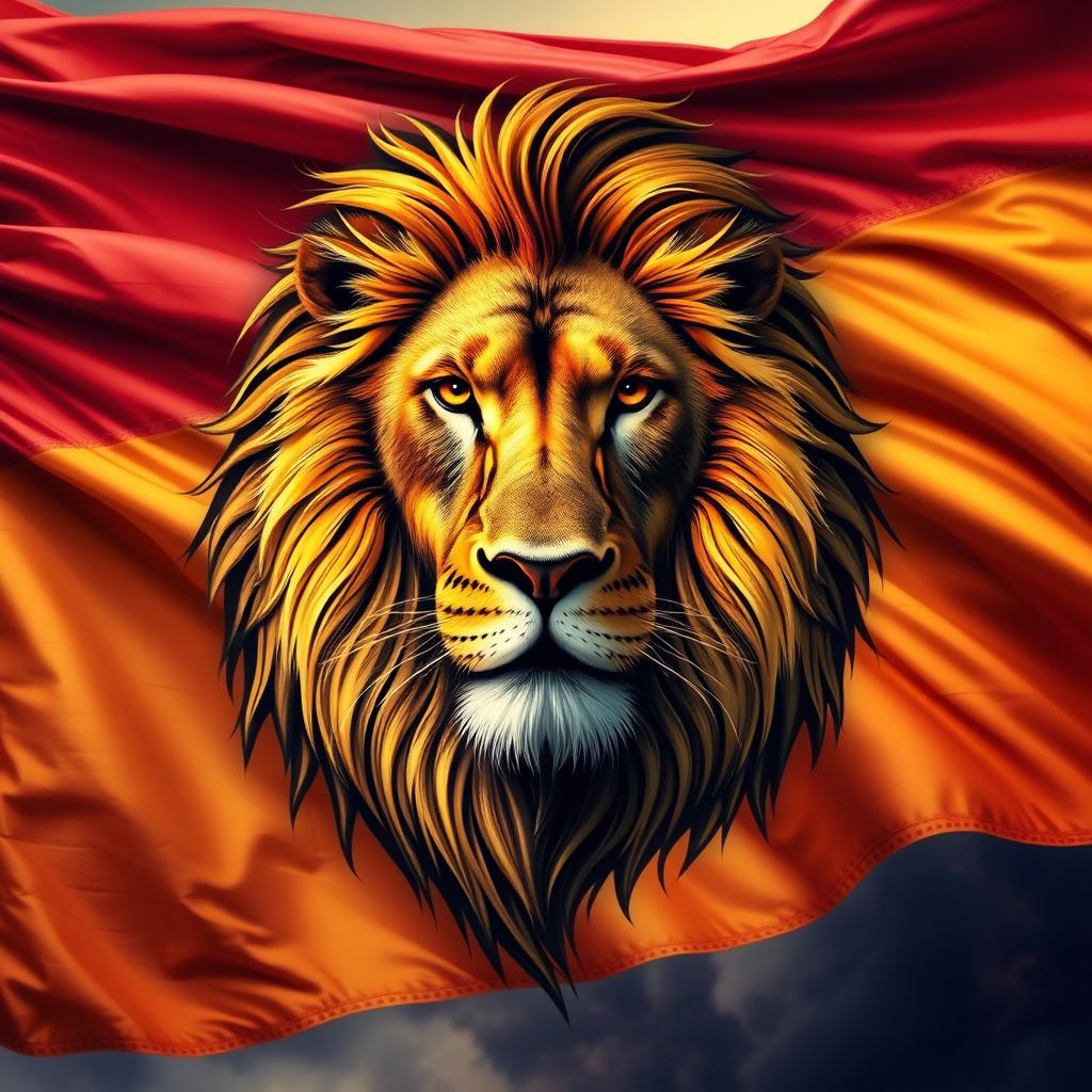 A majestic lion's head depicted in stunning detail, prominently featured against a flowing flag that waves proudly in the wind