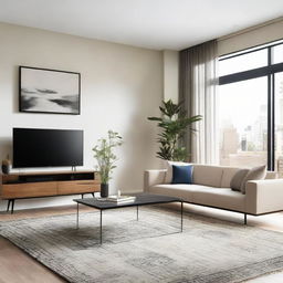 A spacious, well-lit living room with modern furnishings, filled with plush sofas, a rectangular coffee table, a sleek TV stand, and a stylish decorative rug under foot.