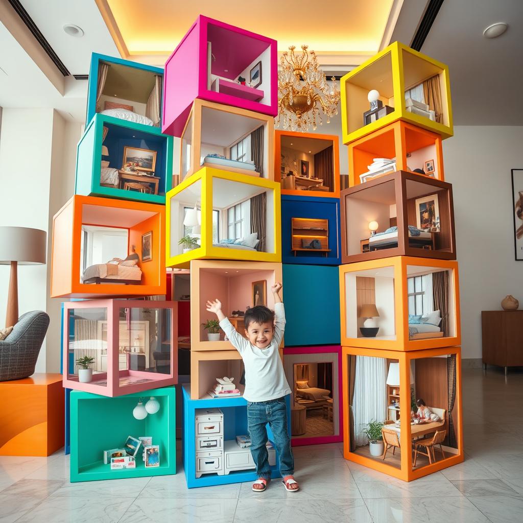 A whimsical scene featuring large, colorful cubes of various sizes stacked vertically in a disorganized manner