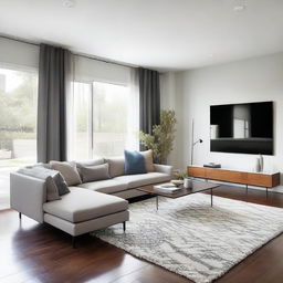 A spacious, well-lit living room with modern furnishings, filled with plush sofas, a rectangular coffee table, a sleek TV stand, and a stylish decorative rug under foot.