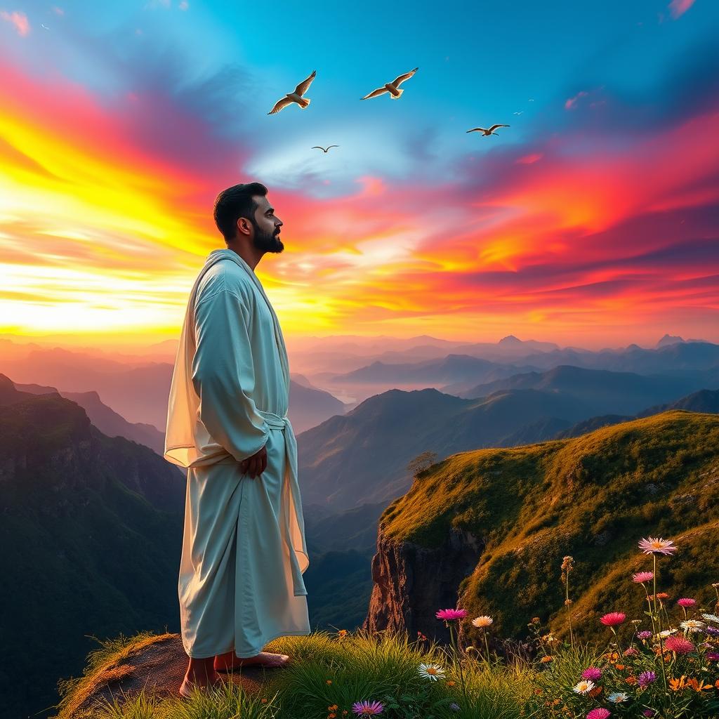 A contemplative man standing on the edge of a lush green cliff, gazing at a breathtaking landscape of mountains, valleys, and a vibrant sunset sky filled with rich hues of orange, pink, and purple