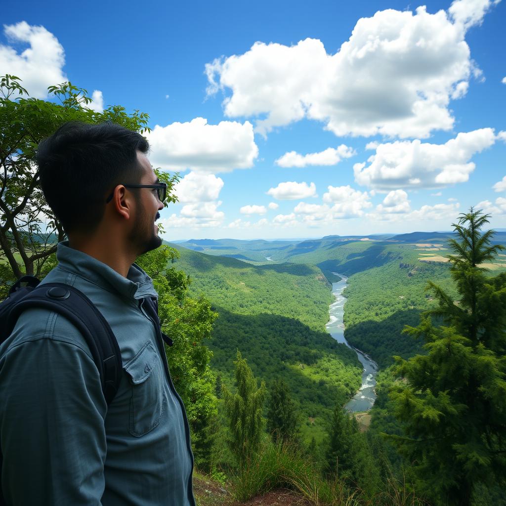 A serene landscape featuring a man standing on a hilltop, gazing out over a breathtaking vista of lush green trees, rolling hills, and a clear blue sky dotted with fluffy white clouds