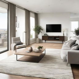 A spacious, well-lit living room with modern furnishings, filled with plush sofas, a rectangular coffee table, a sleek TV stand, and a stylish decorative rug under foot.