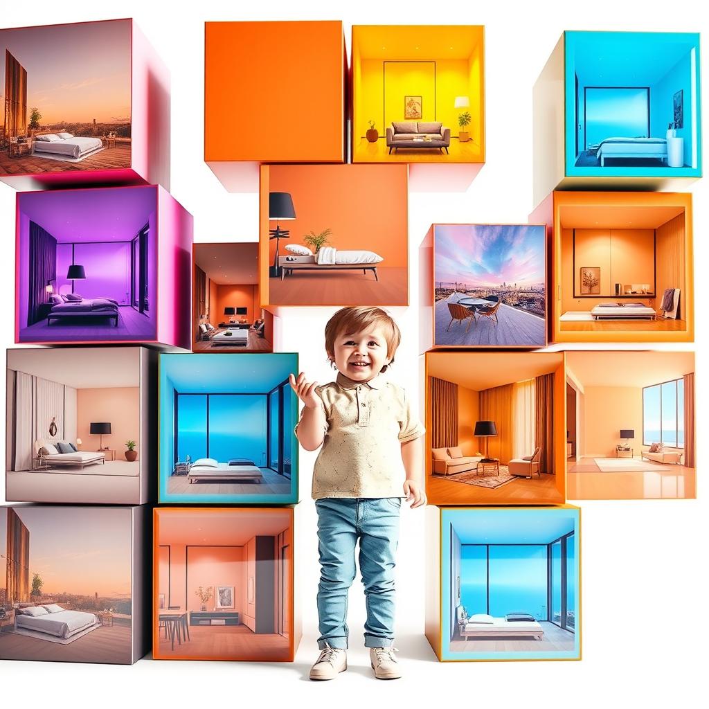 A scene of large, colorful cubes of different sizes stacked vertically and in an irregular arrangement