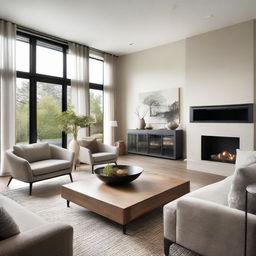 A stylish modern living room with comfortable furniture, natural light flooding in, featuring an elegant coffee table and a cozy fireplace.