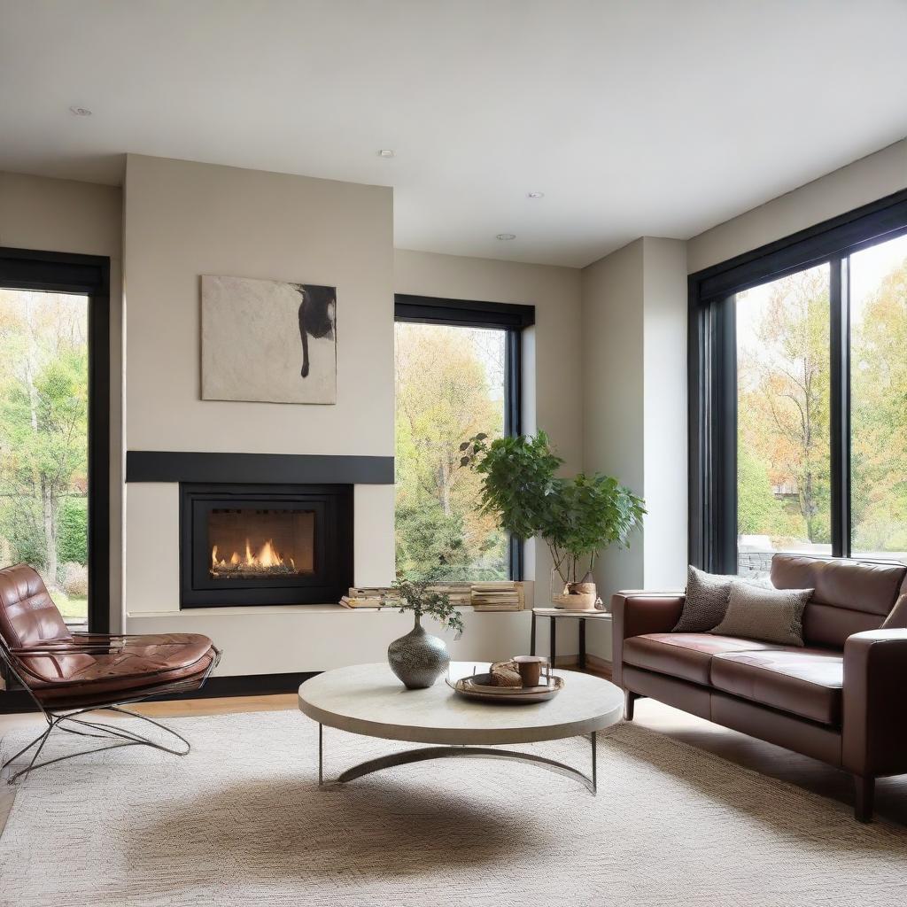 A stylish modern living room with comfortable furniture, natural light flooding in, featuring an elegant coffee table and a cozy fireplace.