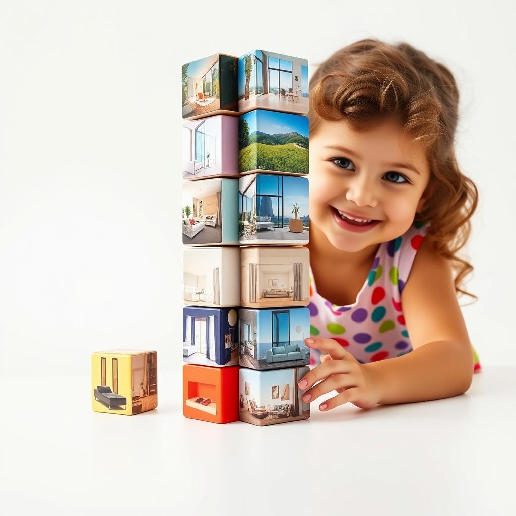 A stack of colorful medium-sized rectangular cuboids arranged vertically and irregularly, each showcasing a realistic image from the luxurious intelligent apartment on the corresponding floor