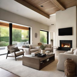 A stylish modern living room with comfortable furniture, natural light flooding in, featuring an elegant coffee table and a cozy fireplace.