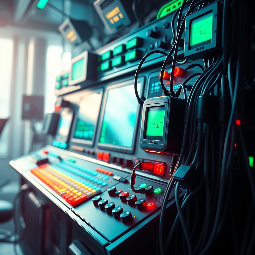 A highly detailed and vibrant concept design featuring a futuristic control panel with various buttons and screens