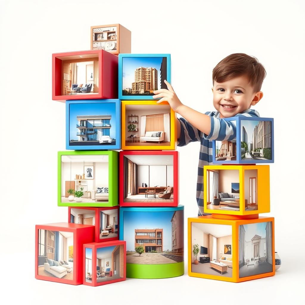 A stack of colorful rectangular cubes of varying sizes, arranged vertically and haphazardly in a column, each showcasing a realistic image of a luxurious smart apartment from the corresponding floor