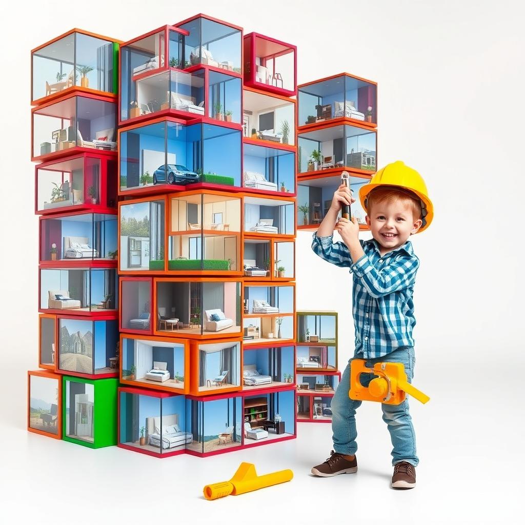 A playful scene featuring medium-sized, colorful rectangular cubes stacked vertically and irregularly to depict a luxurious, high-tech apartment