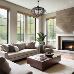 A stylish modern living room with comfortable furniture, natural light flooding in, featuring an elegant coffee table and a cozy fireplace.