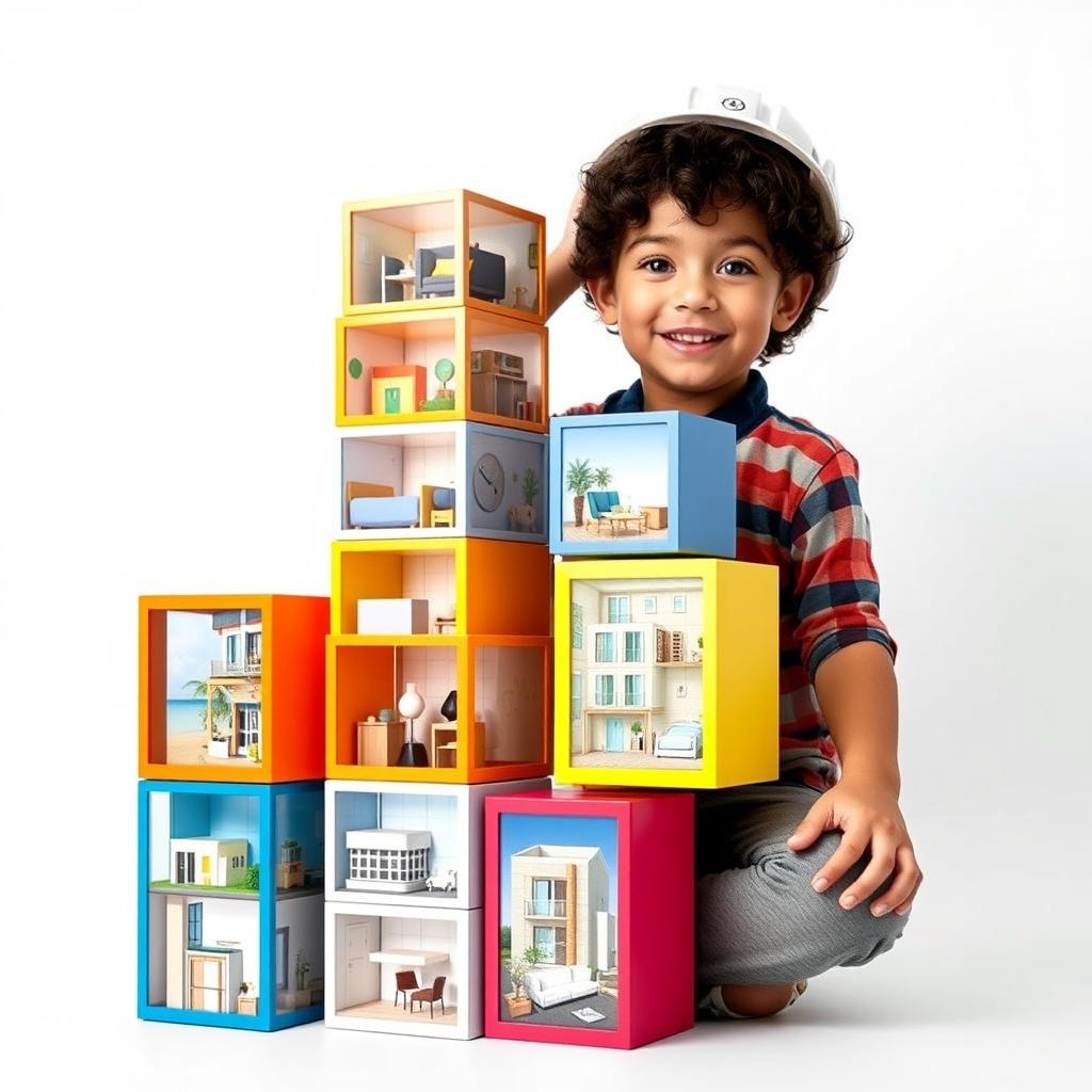 A stack of colorful rectangular cubes of various sizes, arranged vertically in a random formation, resembling a column that represents a luxurious smart apartment