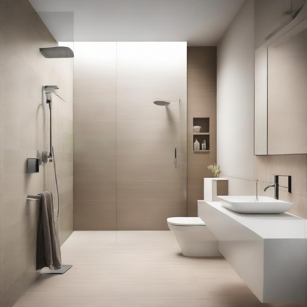 A modern, spatially efficient bathroom with sleek fixtures, a walk-in shower, clean lines, minimalist decor, and neutral tones.