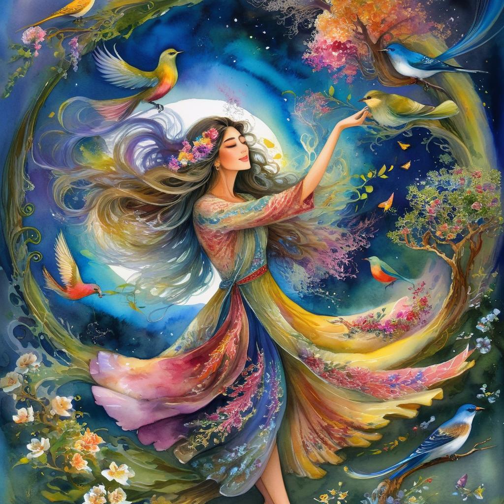 Enchanting Encounter: Fairy Woman & Vibrant Parrot