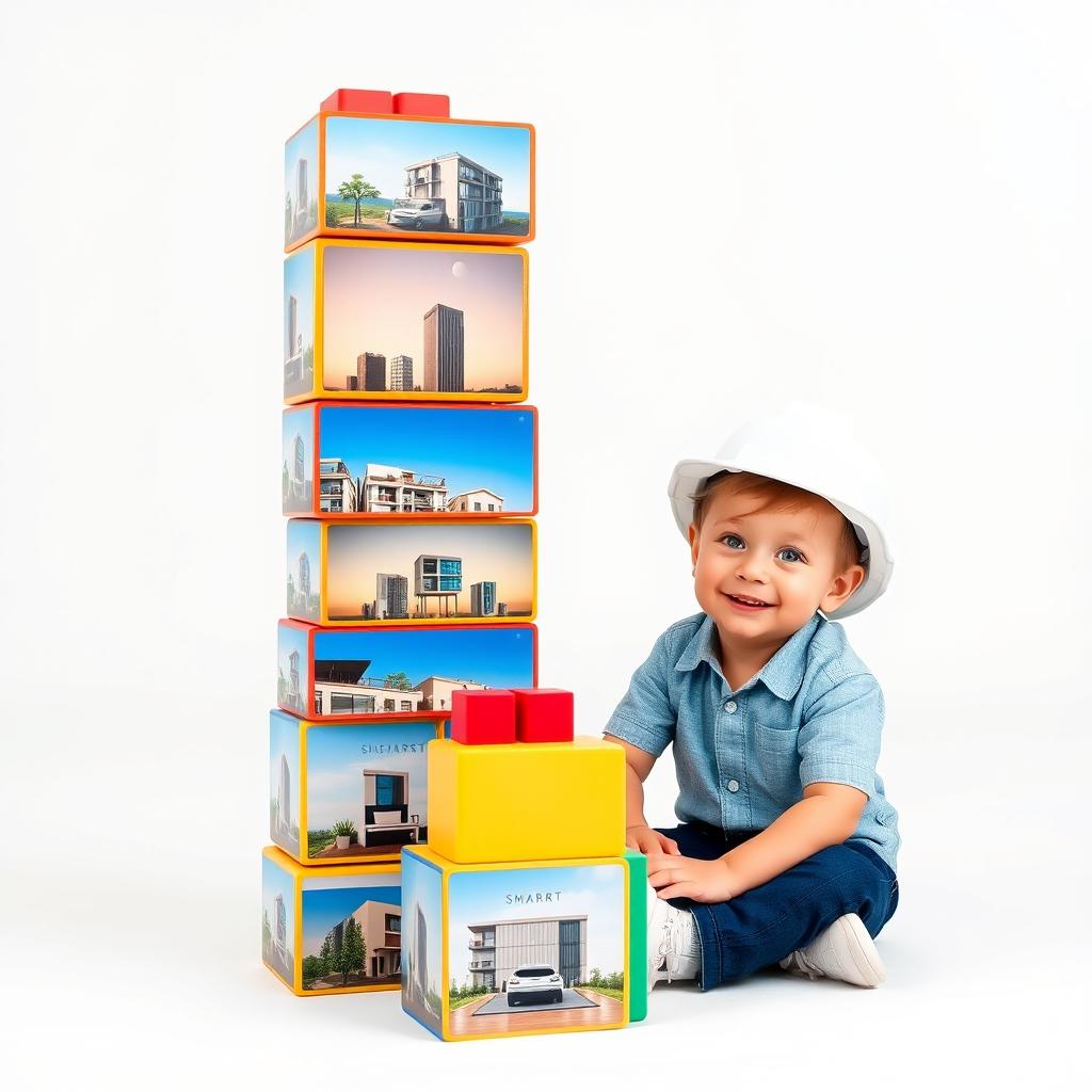 A creative scene featuring colorful, medium-sized rectangular blocks stacked vertically and haphazardly in a column, showcasing images of a luxurious smart apartment on each block