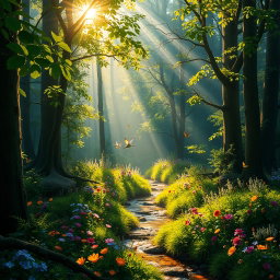 An image of a vibrant, lush forest during early morning, with rays of sunlight piercing through the trees, illuminating a carpet of colorful wildflowers