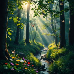 An image of a vibrant, lush forest during early morning, with rays of sunlight piercing through the trees, illuminating a carpet of colorful wildflowers