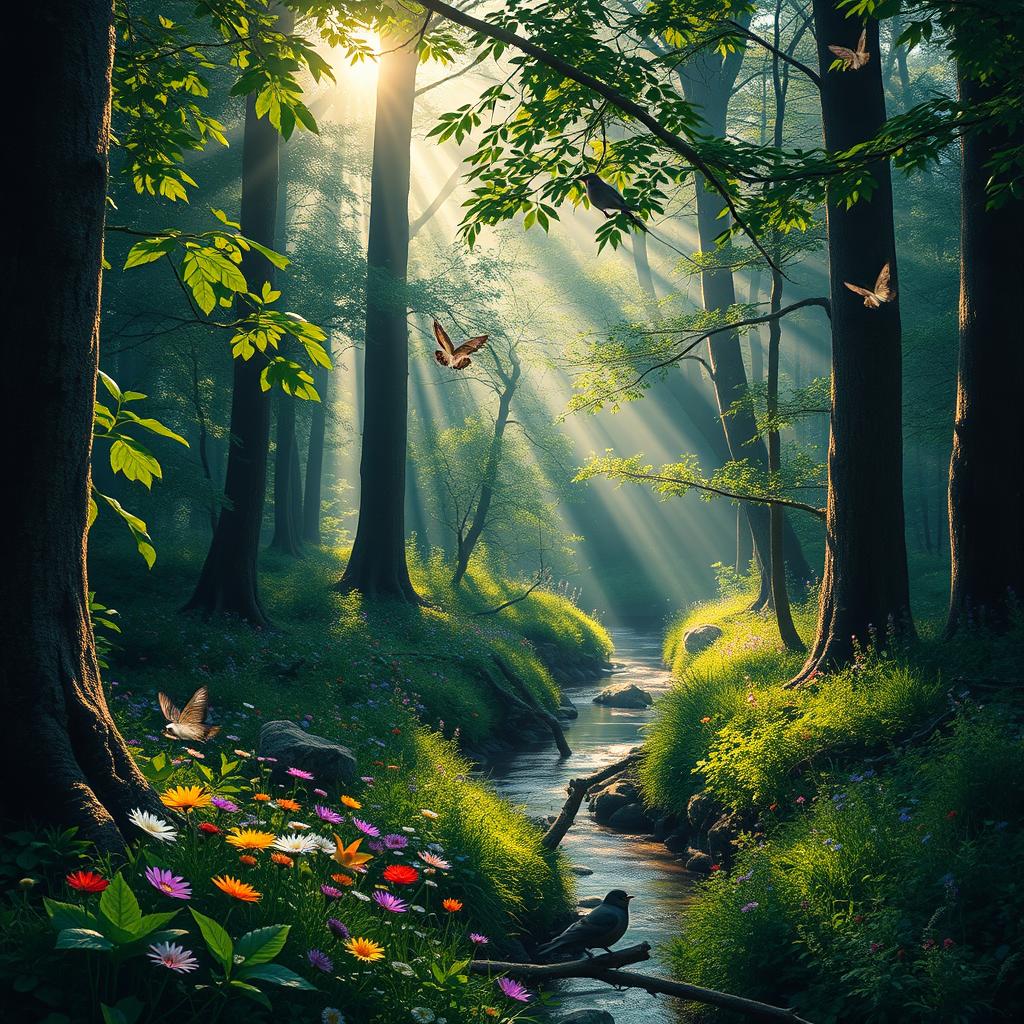 An image of a vibrant, lush forest during early morning, with rays of sunlight piercing through the trees, illuminating a carpet of colorful wildflowers