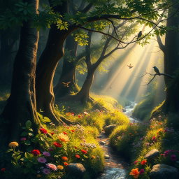 An image of a vibrant, lush forest during early morning, with rays of sunlight piercing through the trees, illuminating a carpet of colorful wildflowers