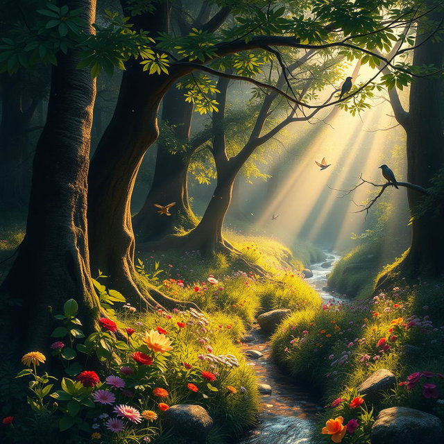 An image of a vibrant, lush forest during early morning, with rays of sunlight piercing through the trees, illuminating a carpet of colorful wildflowers