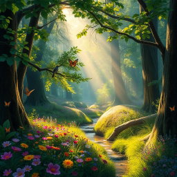 An image of a vibrant, lush forest during early morning, with rays of sunlight piercing through the trees, illuminating a carpet of colorful wildflowers