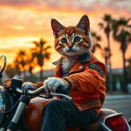 A close-up photorealistic photograph of a cute cat wearing stylish black jeans and an orange SPX jacket, confidently riding on a motorcycle