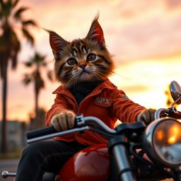 A close-up photorealistic photograph of a cute cat wearing stylish black jeans and an orange SPX jacket, confidently riding on a motorcycle