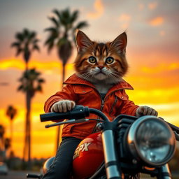 A close-up photorealistic photograph of a cute cat wearing stylish black jeans and an orange SPX jacket, confidently riding on a motorcycle