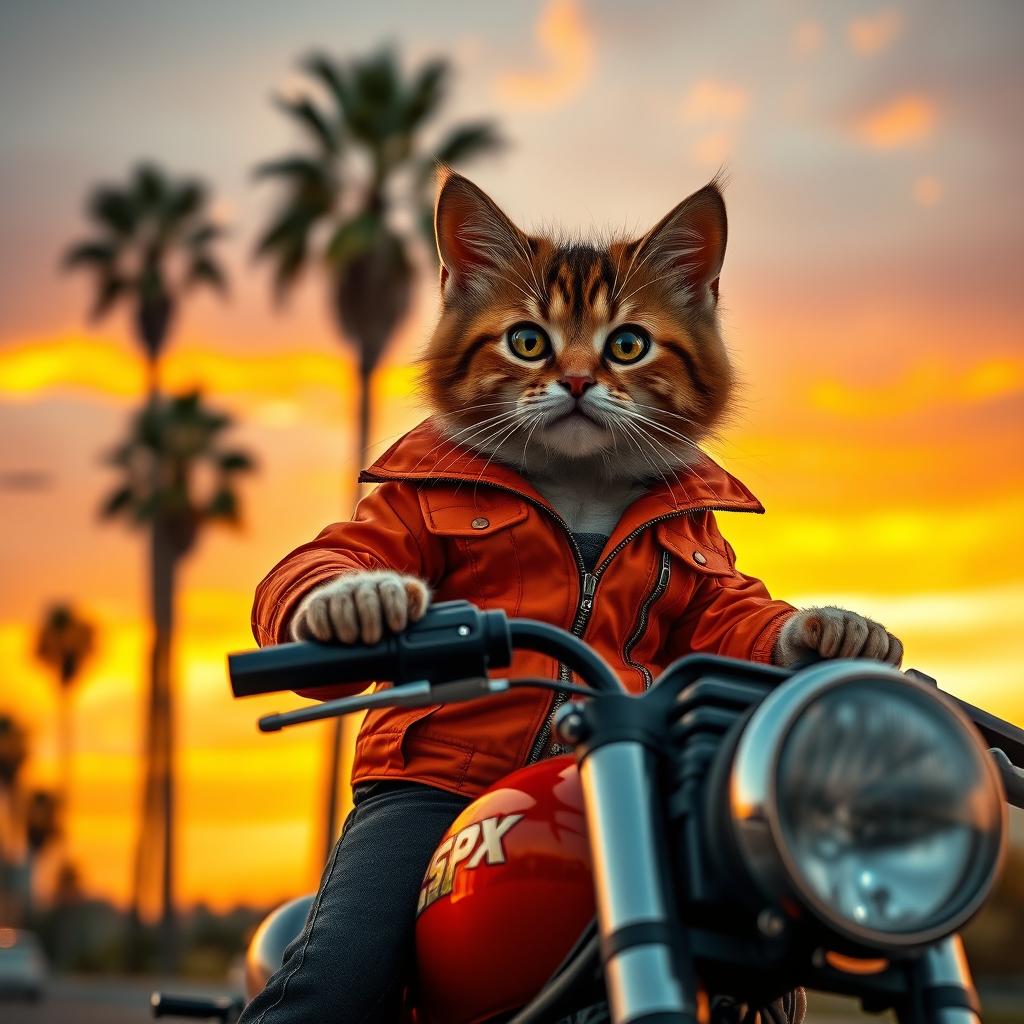 A close-up photorealistic photograph of a cute cat wearing stylish black jeans and an orange SPX jacket, confidently riding on a motorcycle