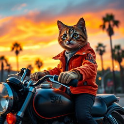 A close-up photorealistic photograph of a cute cat wearing stylish black jeans and an orange SPX jacket, confidently riding on a motorcycle