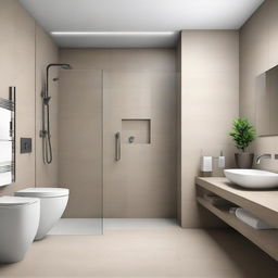 A modern, spatially efficient bathroom with sleek fixtures, a walk-in shower, clean lines, minimalist decor, and neutral tones.